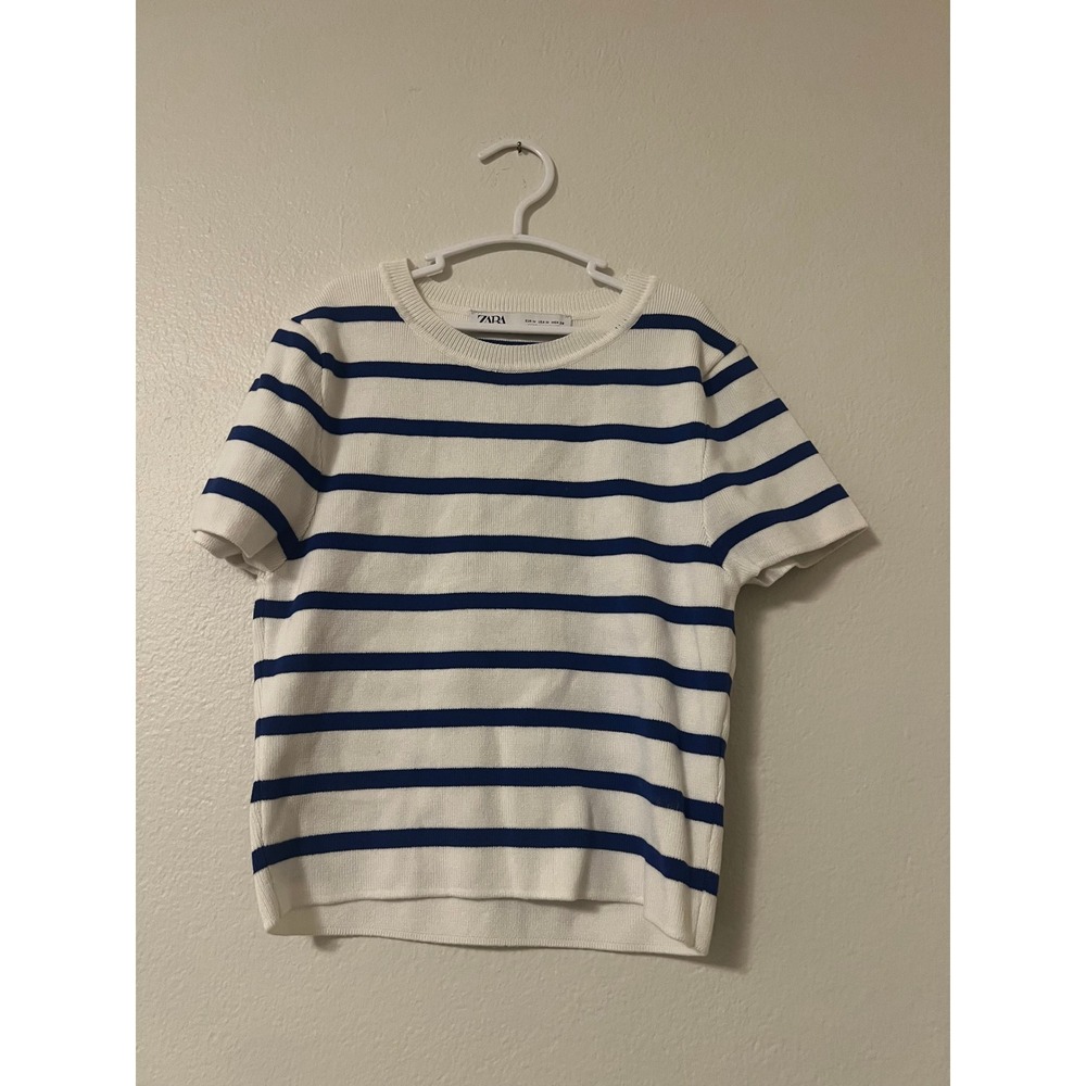 Zara Womens Blue and White Striped Short Sleeve Knit Sweater Crew Neck Size M
